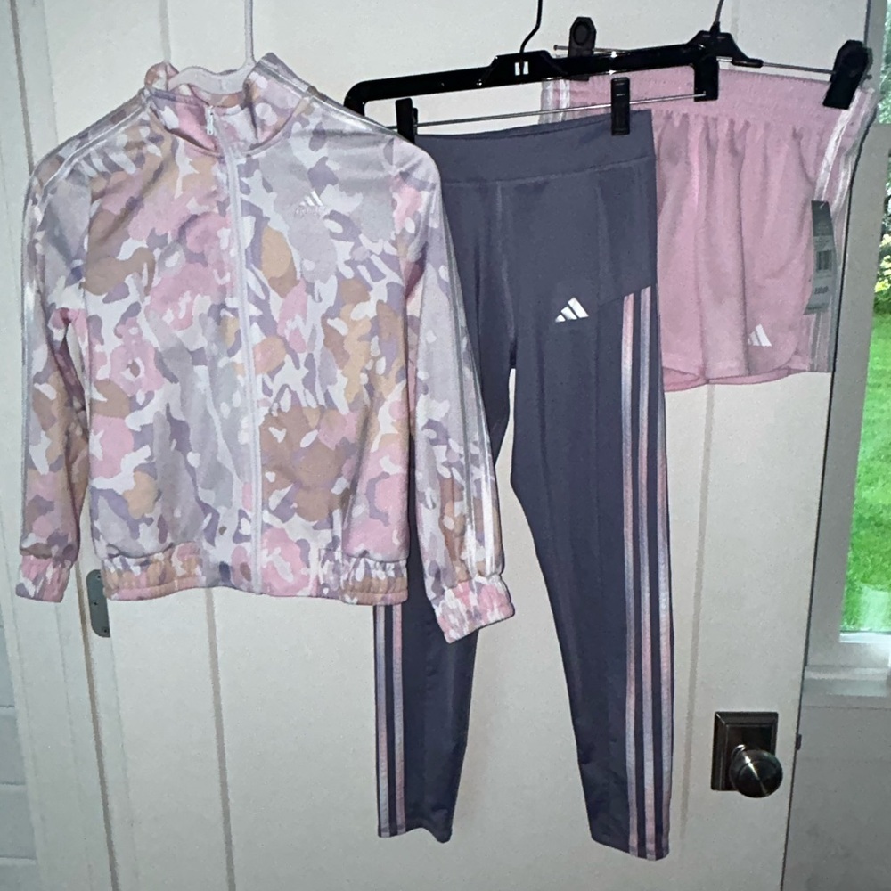 Adidas print warm-up jacket, leggings and shorts bundle sz M 10/12 L 14 NWT NWOT